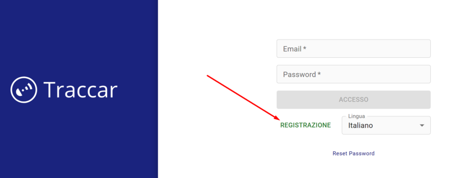 Pagina di login di Traccar